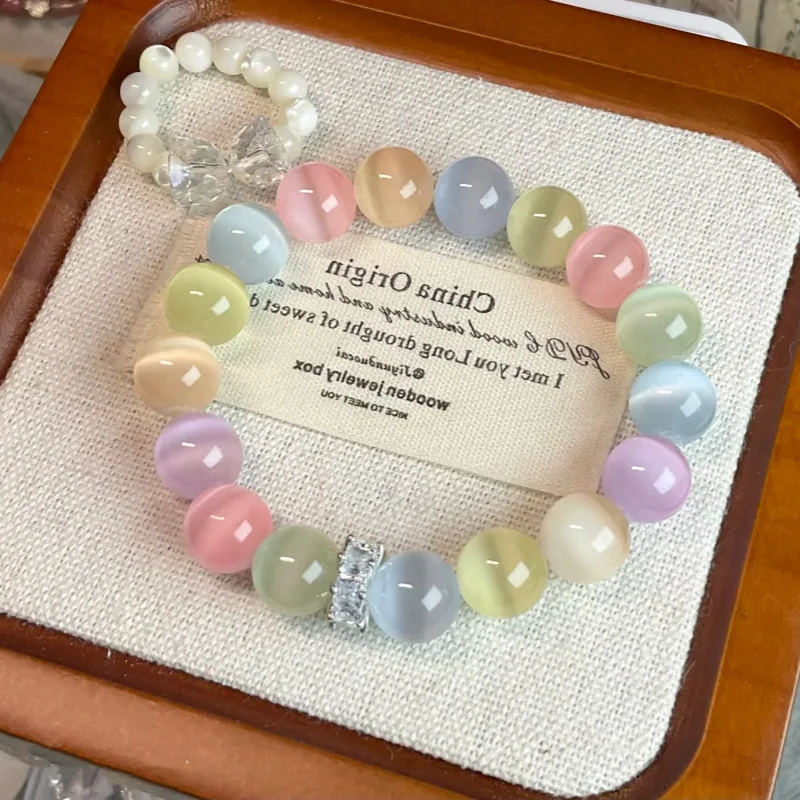 Women Candy Color Cat's Eye Beaded Bracelet, Multicolor Summer Sweet Elastic Stackable Wrist Jewelry Gift for Best Friend
