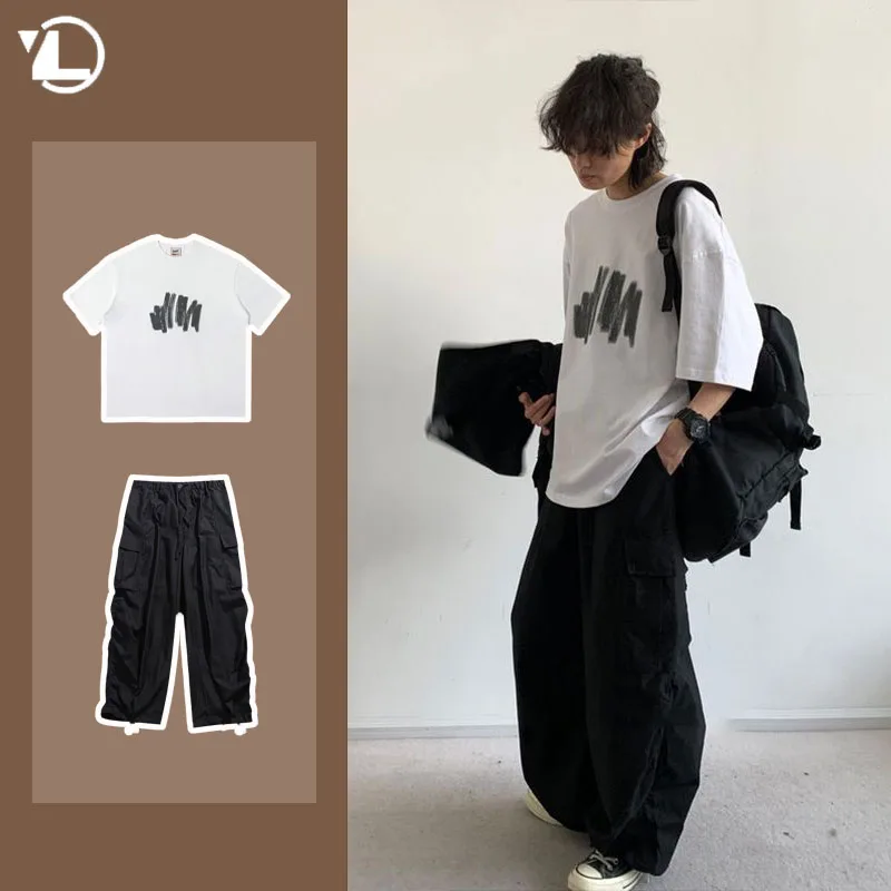 Summer Casual Men Set High Street Printing Graffiti Trendy T-shirts+Quick Drying Pockets Cargo Pants Suit Japanese Street 2-pcs