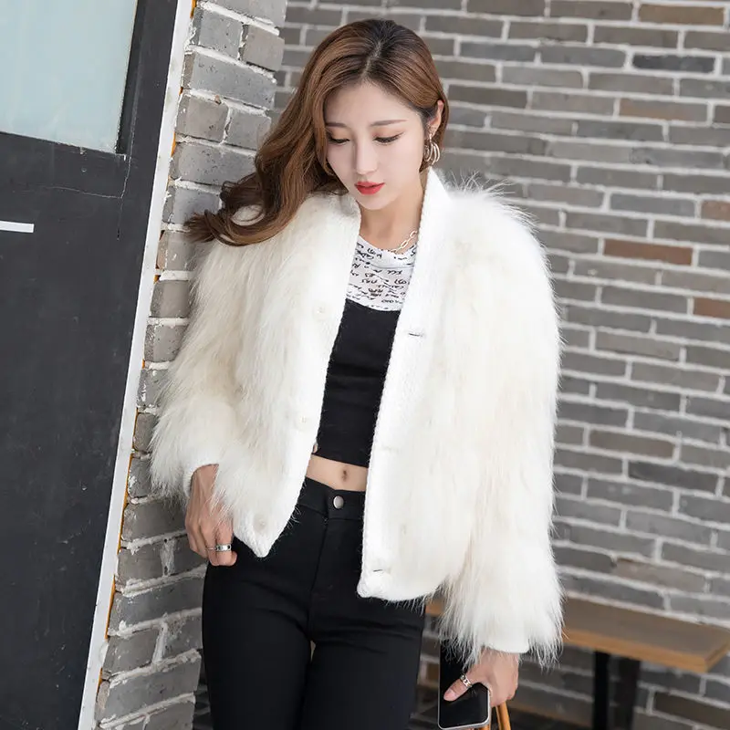 2023 Winter Raccoon Dog Fur Woven Coat Women\'s Lightweight Fashion Real Fur Coat Solid Color O-Neck Button Single Breasted Coat