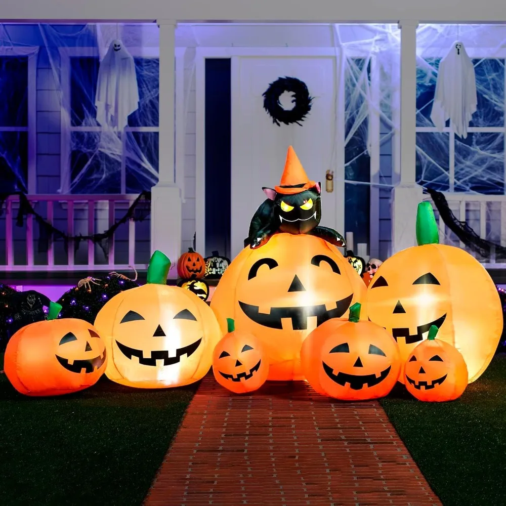 

7 FT Long Halloween Inflatables Pumpkin Outdoor Decorations, 7 Pumpkins Outside Decoration with Witch's Cat with Build-in LEDs