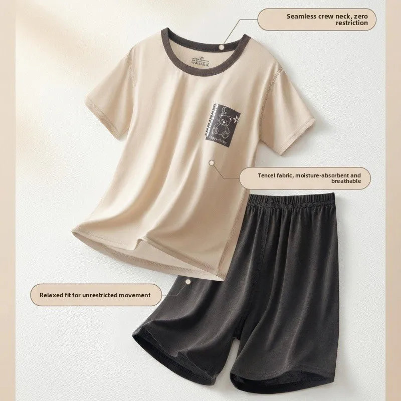 Summer Kids Loungewear  Boys Short Sleeve Lyocell Pajamas Set Girls PJs For Pre Teens Primary School Kids Breathable  Sleepwear
