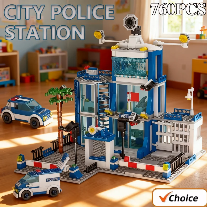 City Police Station Building Blocks Sets 760PCS Kids Adults DIY Car Bricks Educational Toys Birthday Gifts Boys Children Station