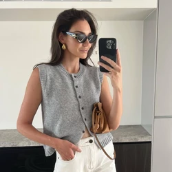 Summer Knitted Cardigans Women Elegant Fashion Button Sleeveless Tops Solid Basic Casual Loose Vacation Holiday Vests 2024 Gray