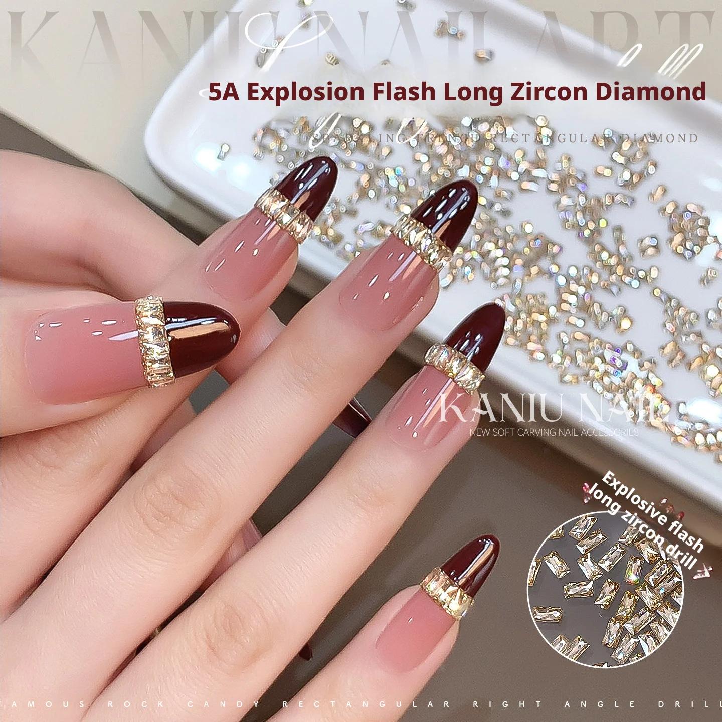 KANIU Champagne rechthoekige nagel zirkoon wit transparant 5A nagelkristal diamant Frans gestreept nagelaccessoire