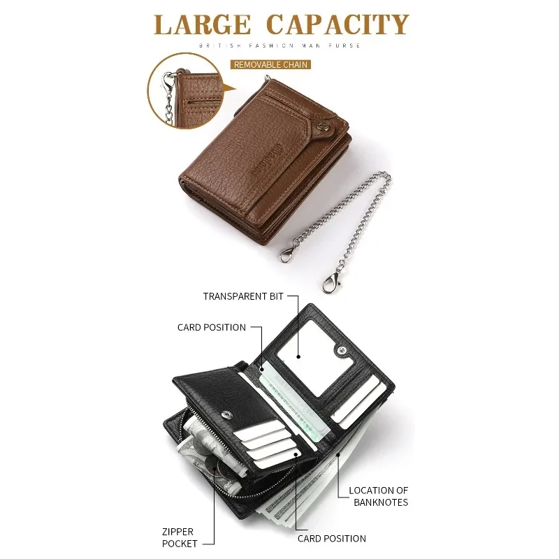 กระเป๋าสตางค์ผู้ชายแบบใหม่ ป้องกันการโจรกรรม พร้อมสายคล้องมือ สไตล์ยุโรปและอเมริกา กระเป๋าสตางค์ย้อนยุค ใส่บัตรขับรถ กระเป๋าใส่บัตร ซิปใส่เหรียญ