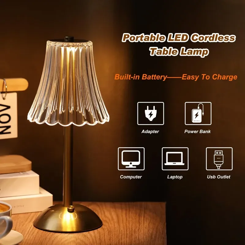 for Modern rechargeable LED desk lamp with crystal acrylic shade, touch control, 3-color dimmable light, metal bedside lamp