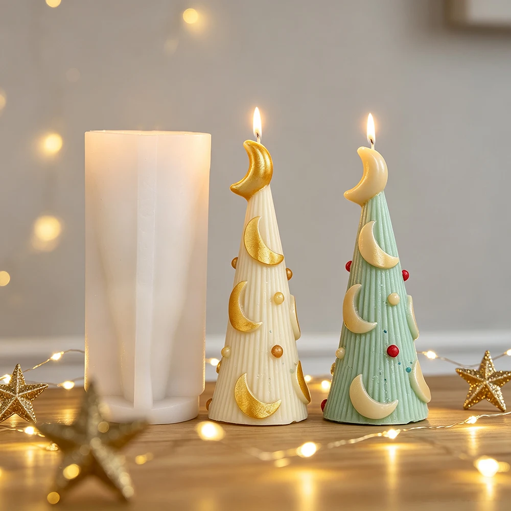Striped Moon Christmas Tree Silicone Candle Mold Xmas Tree Mould for DIY Candle Soap Resin Plaster Holiday Home Table Decor
