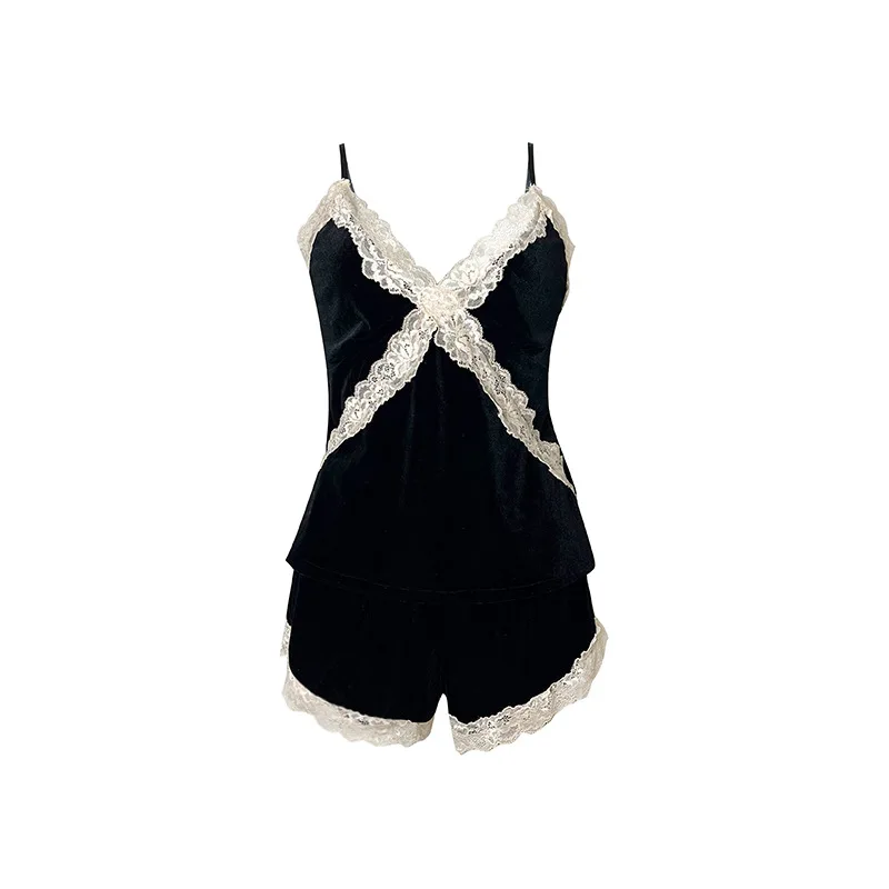 

Women Velvet Two Piece Pajama Set Lace Trim V Neck Cami Top Loose Shorts Spaghetti Strap Soft Ladies Home Night Loungewear 5BDL