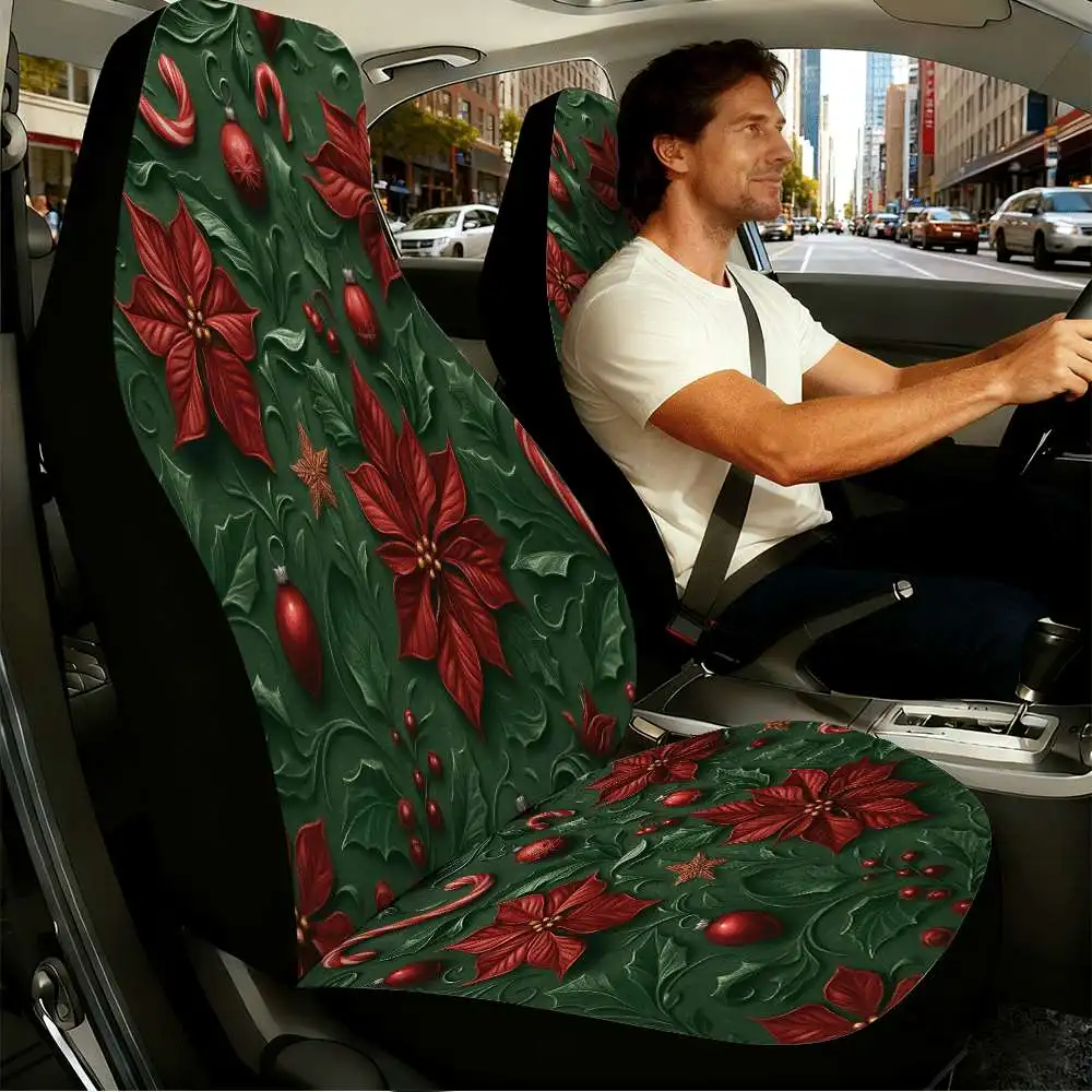 2pcs Red Poinsettia And Candy Cane Car Seat Covers Suitable For Front Seats, High Back Design, Material, Suitable For Cars, SUVs