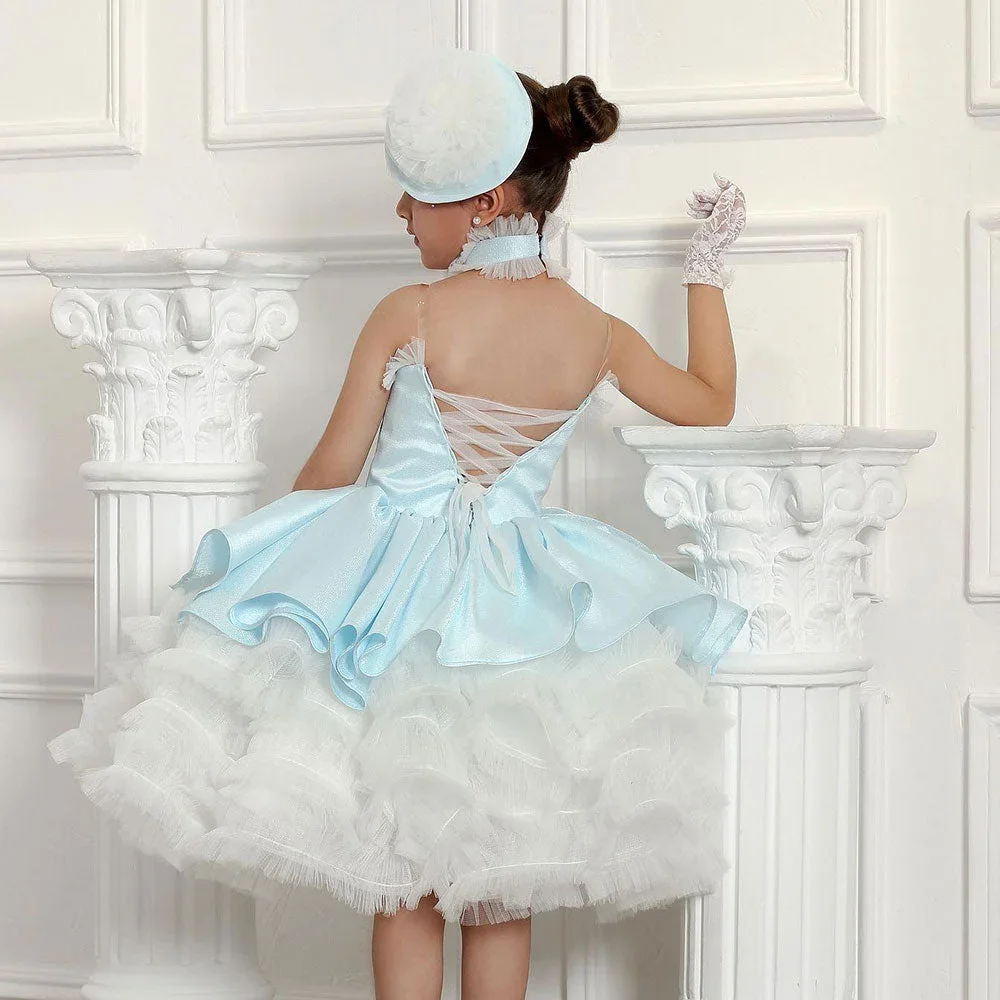 High Neck Sleeveless Pleat Formal A Line Flower Girl Dresses Mini Length Backless Elegant Classic Short Ball Communion Gown