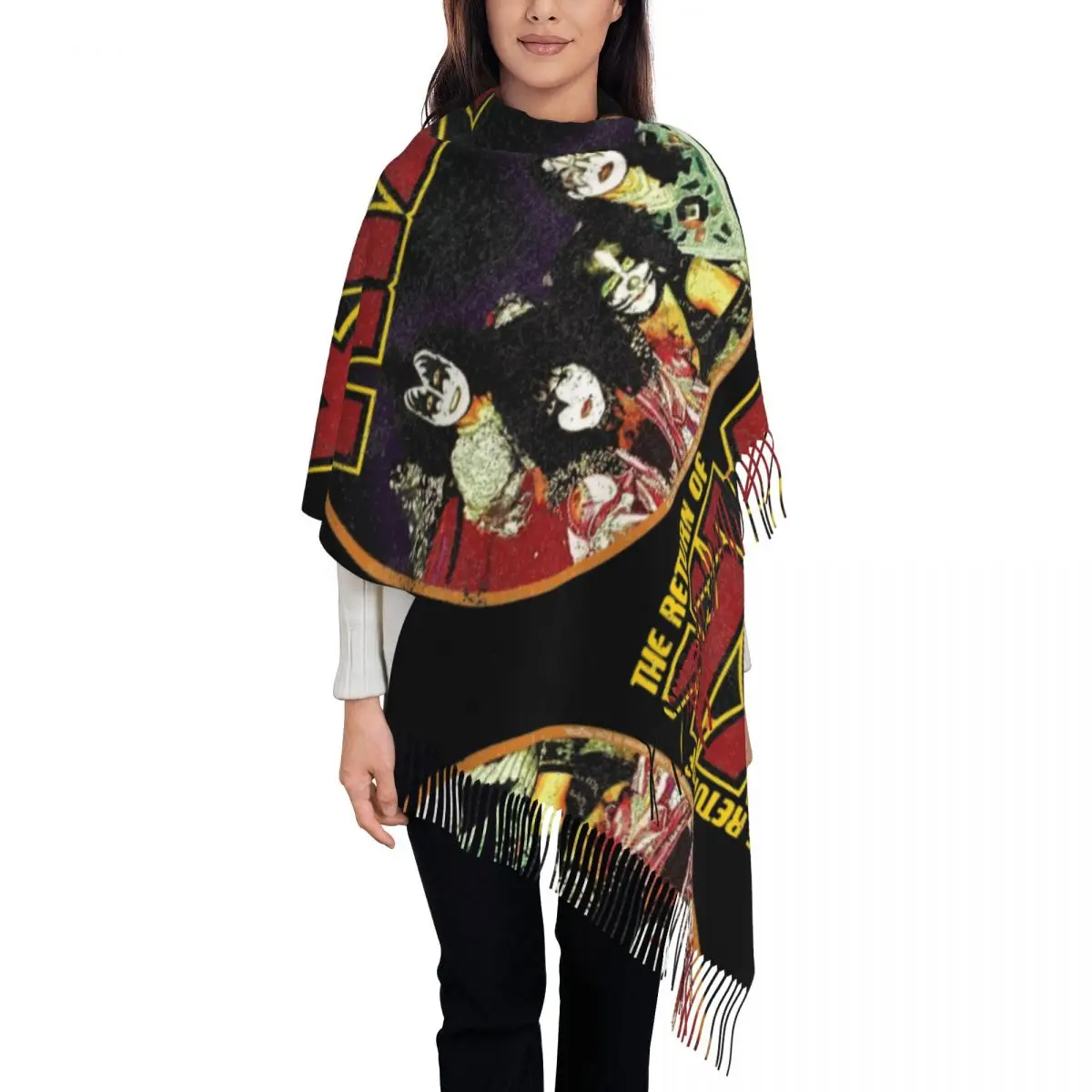 

Шарф рок-музыки для женщин, зимние теплые кашемировые шали и накидка Kiss Band, большой шарф-шаль для вечернего платья