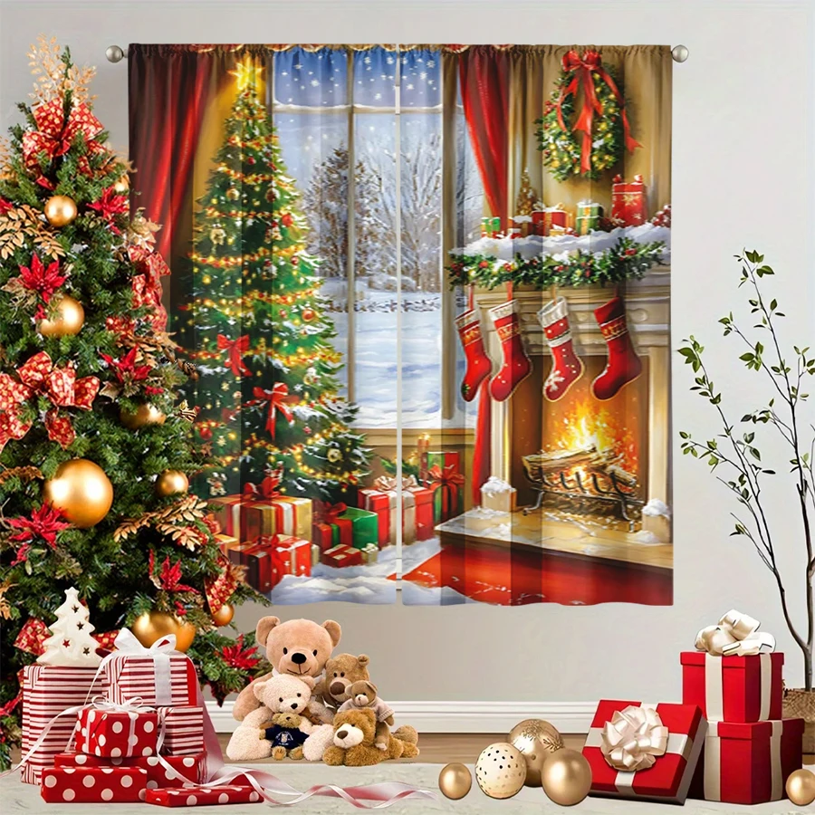 2PCS Christmas Winter Curtains, Fireplace Tree Stocking Gift Window Snow Scene, Digital Print, Bedroom Living Room, Home Decor