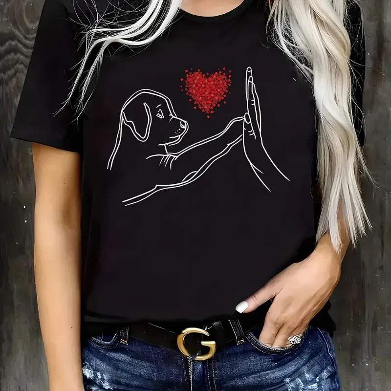 NEW Summer Heart And Dog Graphic Printed Cotton T-Shirt Short Sleeve Round Neck Casual Y2K Tops Women's Fashion Clothing