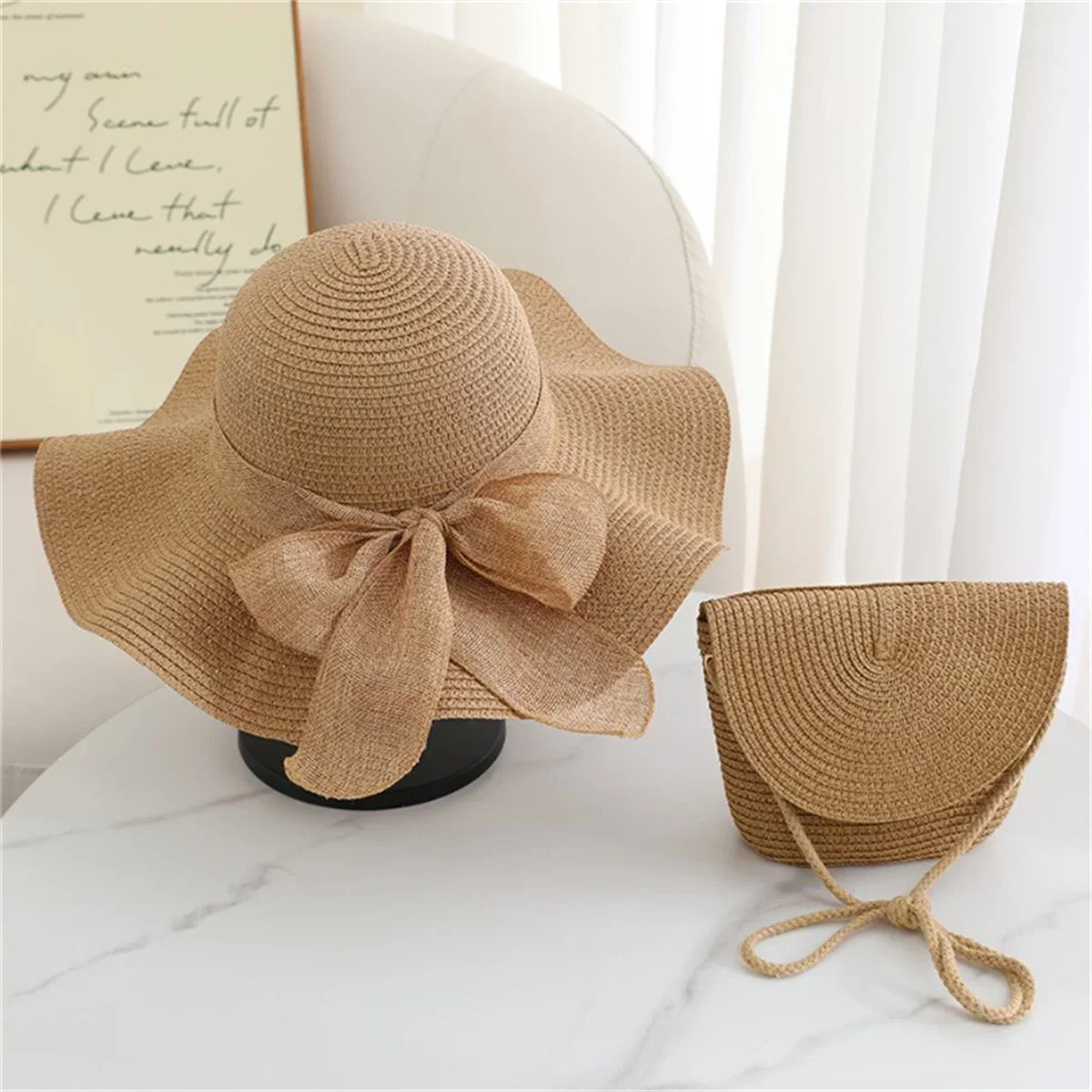 2pcs Khaki Wave Beach Women's Sun Hat and Woven Shoulder Bag Combined with A Stylish Ruffle Design Is Lightweight and Breathable