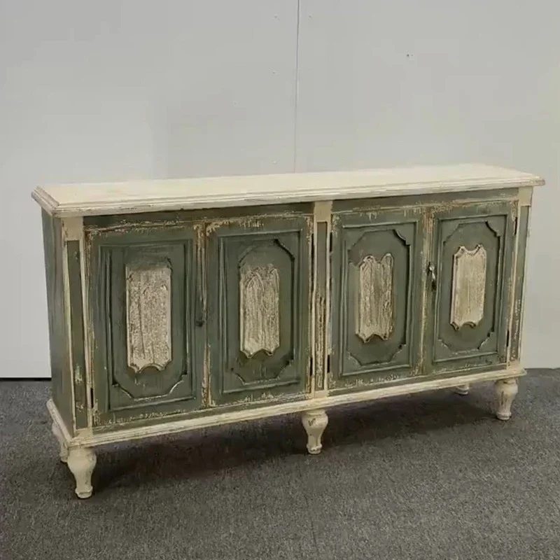 French retro solid wood carving flower entrance cabinet, living room decoration cabinet, home ash wood old locker