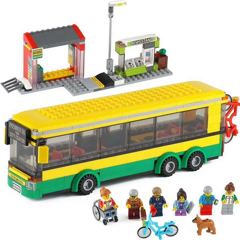 

City Car Yellow Passenger School Bus Station Single-Deck Public Set Figures Model Building Blocks DIY Toys for Boys Gifts