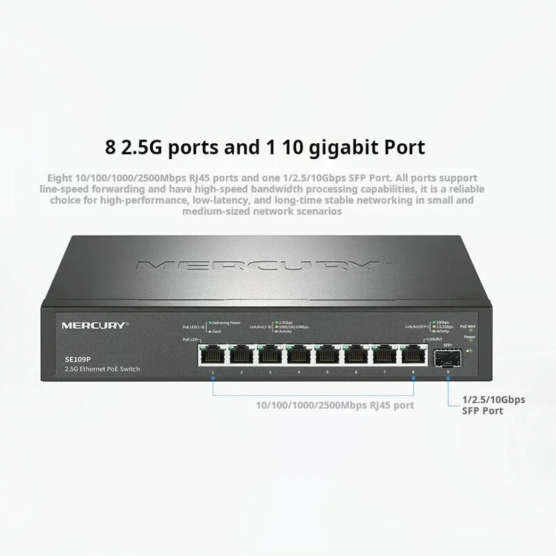 MERCURY 9-Port Multi-Gigabit Unmanaged Switch with 8-2.5Gbps PoE and 1-10Gb SFP+ Uplink SE109P