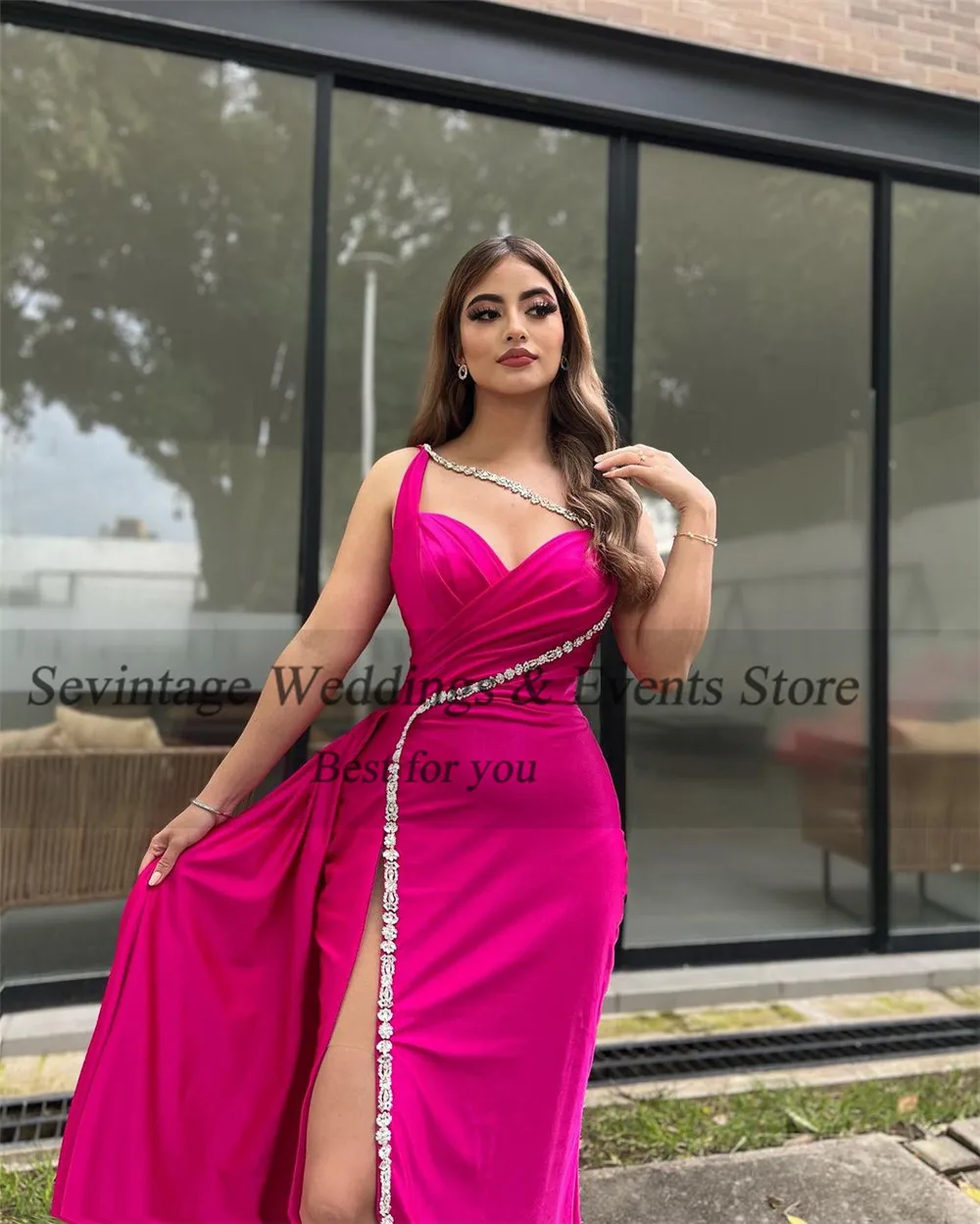 Sevintage Fashion Fushia Evening Dresses Spaghetti Strap Sequined Pleated Women Prom Dresses High Middle Slit Party Growns 2023