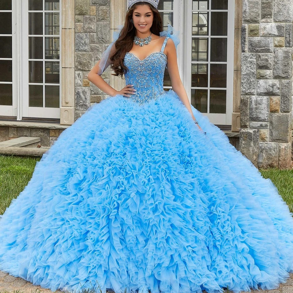 EVLAST Glam Blue Quinceanera Dress Ball Gown Ruffled Tulle Crystal Beaded Bow Strap corsetto Sweet 16 Vestidos Para XV aecos TQD119