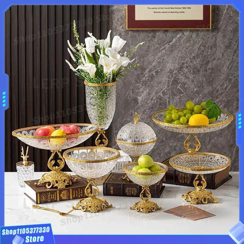 Luxury French Crystal Glass Vase with Copper Base Elegant European Style Home Decor Ornament Flat Plate Fruit Bowl Storage