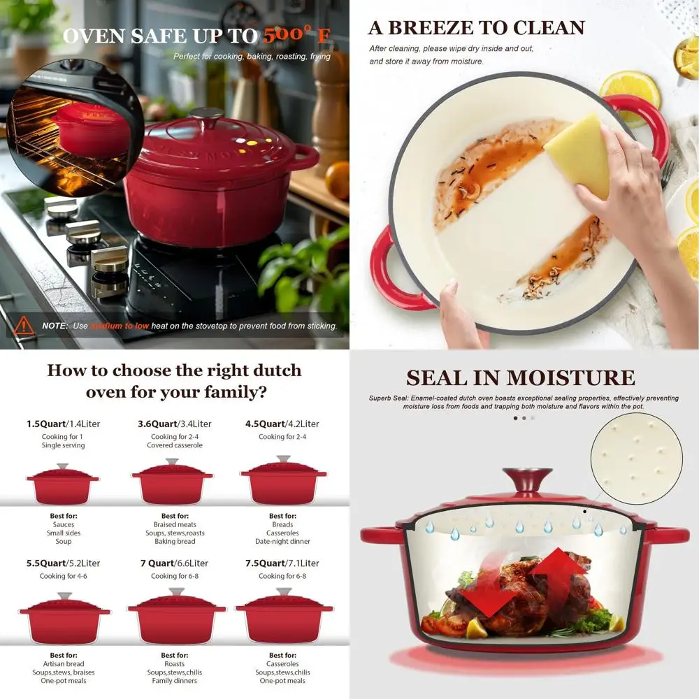 

7-Quart Enamel Cast Iron Dutch Oven with Lid and Cotton Potholders - Versatile Cookware for Braising, Stews, Roasting, and Bread