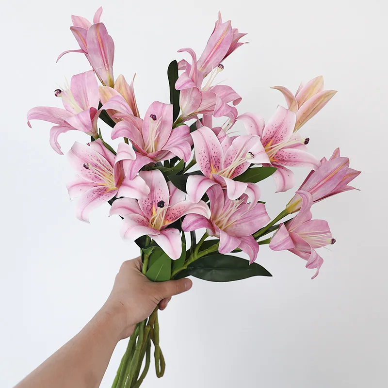 

5 шт., искусственный 3D-печать, 3 головки, искусственный букет лилии, украшение для дома, гостиной, свадьба, цветочная композиция лилии, вечерние, цветочный