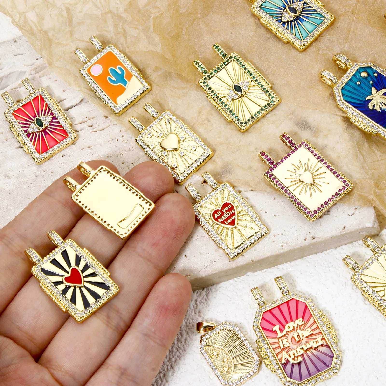 1 Piece Brass Micro Pave Turkish Evil Blue Eye Charms 18K Gold Plated Rectangle Pendants For Necklace Earrings Jewelry Making