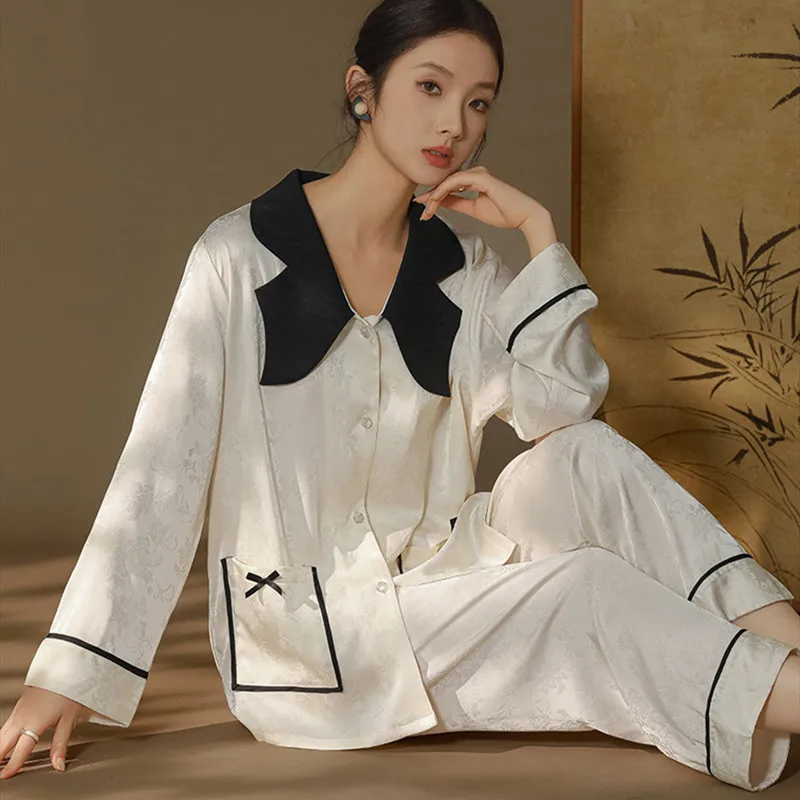 

Summer Women Pajamas Set Sleepwear Pijamas Suit Intimate Lingerie Jacquard Satin Long Sleeve Shirt Trouser Homewear
