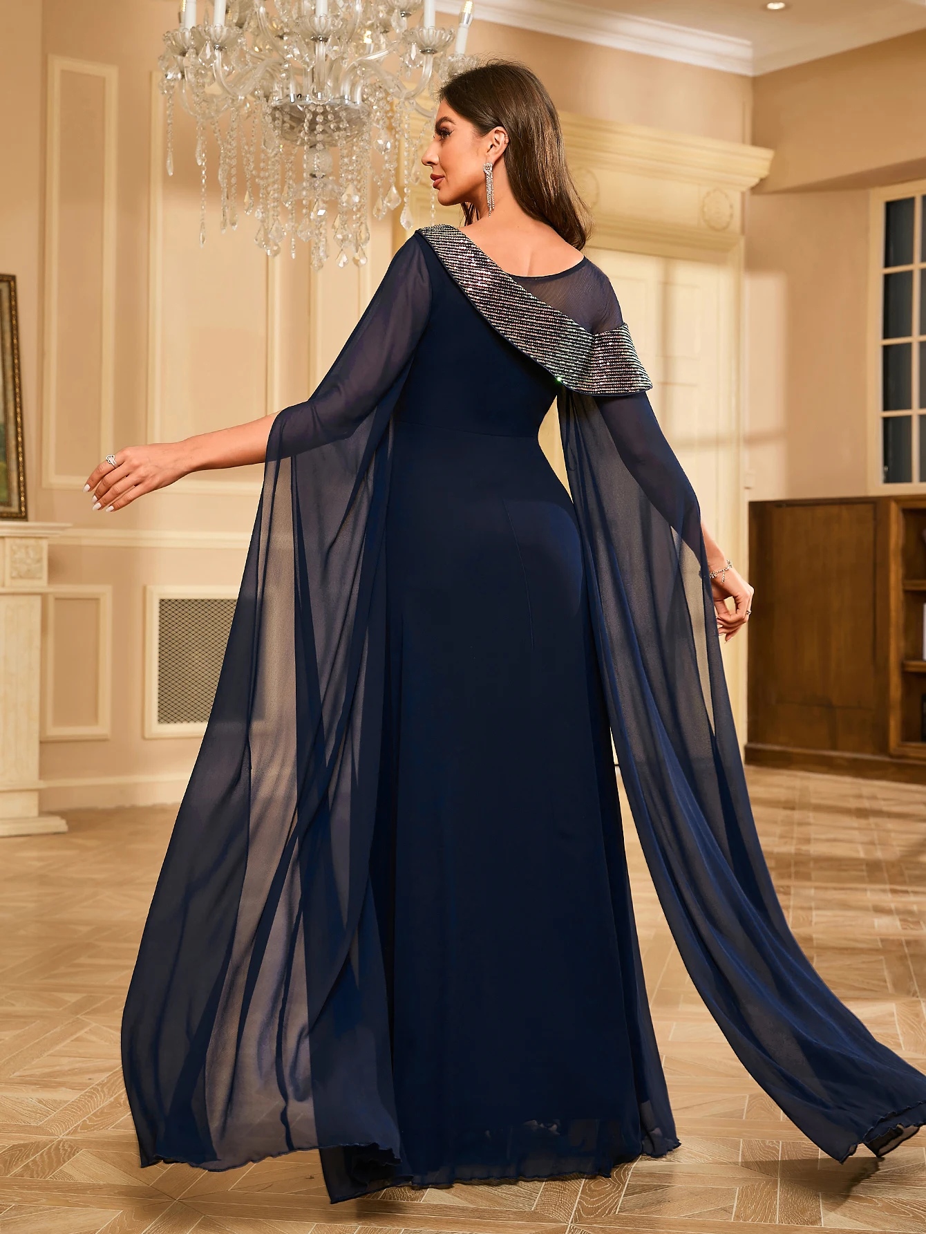 UNITHORSE Sequin Patchwork Chiffon Capelet Sleeve Formal Evening Dress