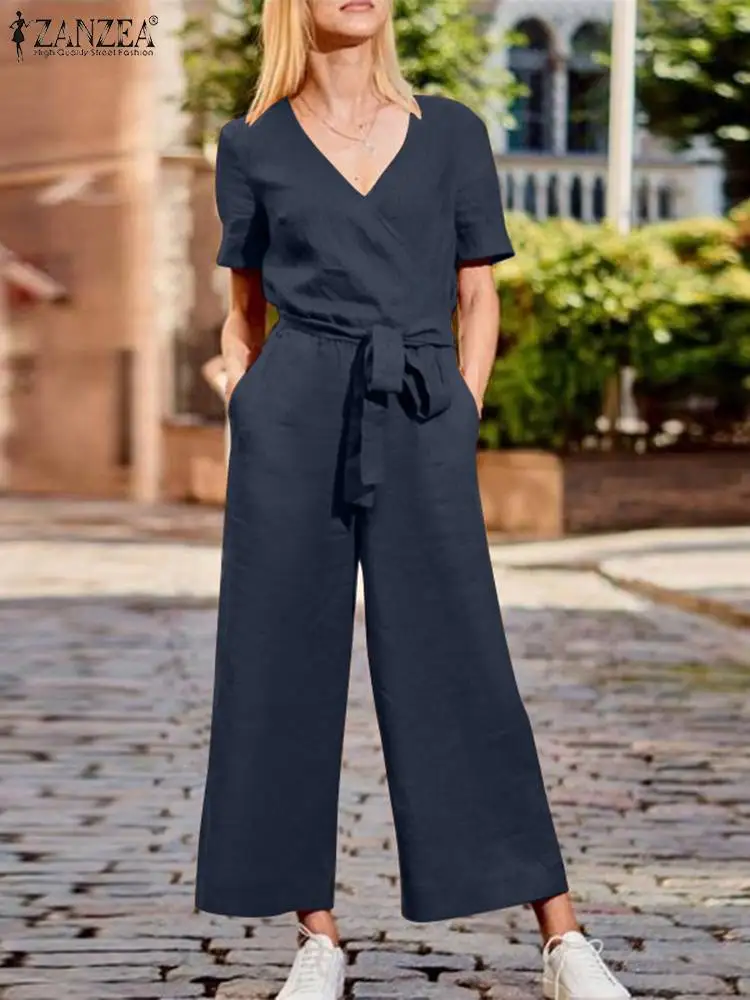 

Fashion Women Overalls Summer Jumpsuits 2024 ZANZEA Female Wide Leg Pants Casual Solid OL Work Rompers Short Sleeve Playsuits