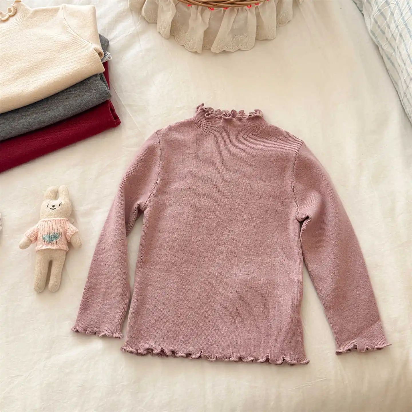Fall Winter Baby Girl Mid High Neck Base Layer Sweater Girls Korean Stand Collar Knit Undershirt Toddler Sweater