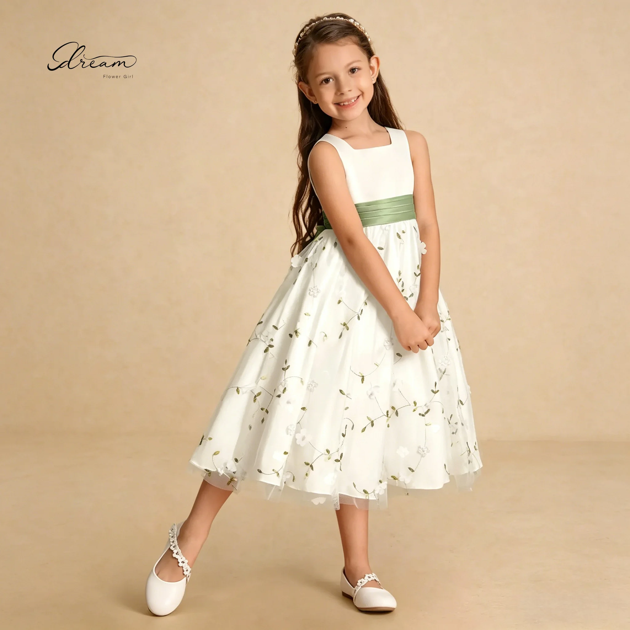 White Flower Brithday Formal Dress Girl Dress Sage Green Sash 3D Floral Embroidery Knee-Length Kids Wedding Party Gown Bow view 2