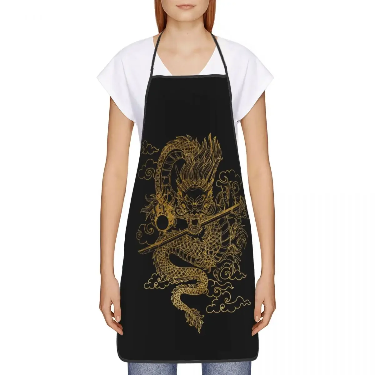 Gold Chinese Dragon Totem Kitchen Chef Cooking Baking Apron Women Men Tradition Asian Mythology Tablier Cuisine for Gardening