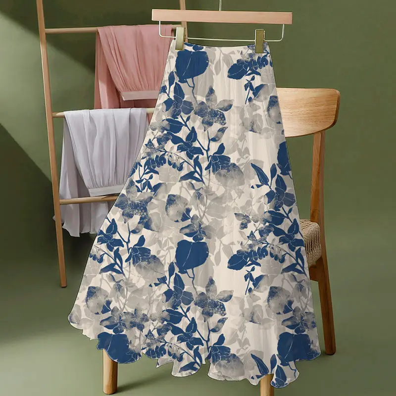 Novo verão chiffon saia longa moda saia temperamento moda praia saia de dança quadrada uma linha saia longa