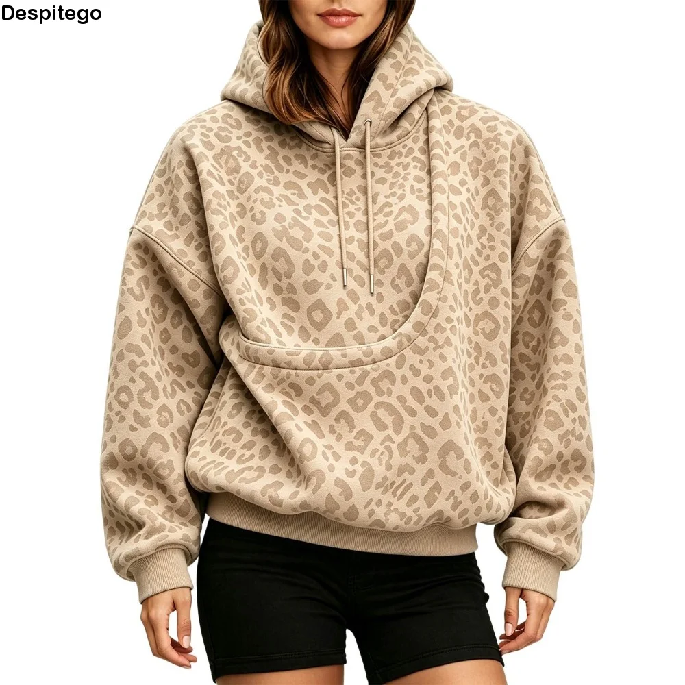 Leopard Print Sweatshirt Double Layer Hood Oversized Pullover Sweatshirt Portable Pet Pocket Loose Shoulder Pet Pouch Sweatshirt