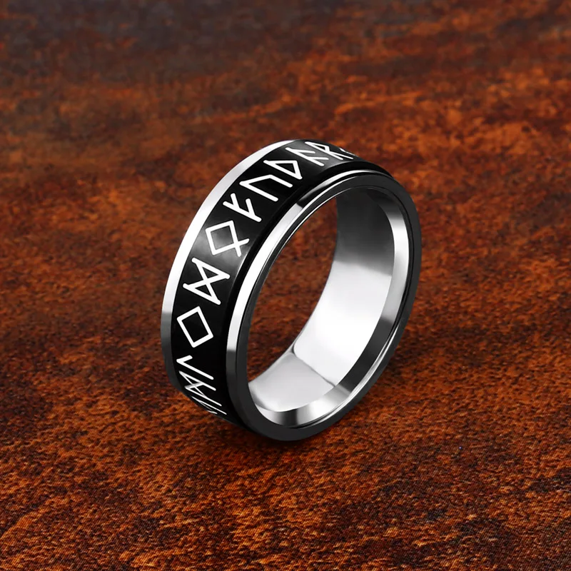 Steel soldier rotating viking rune ring stainless steel men nordic myth religious jewelry