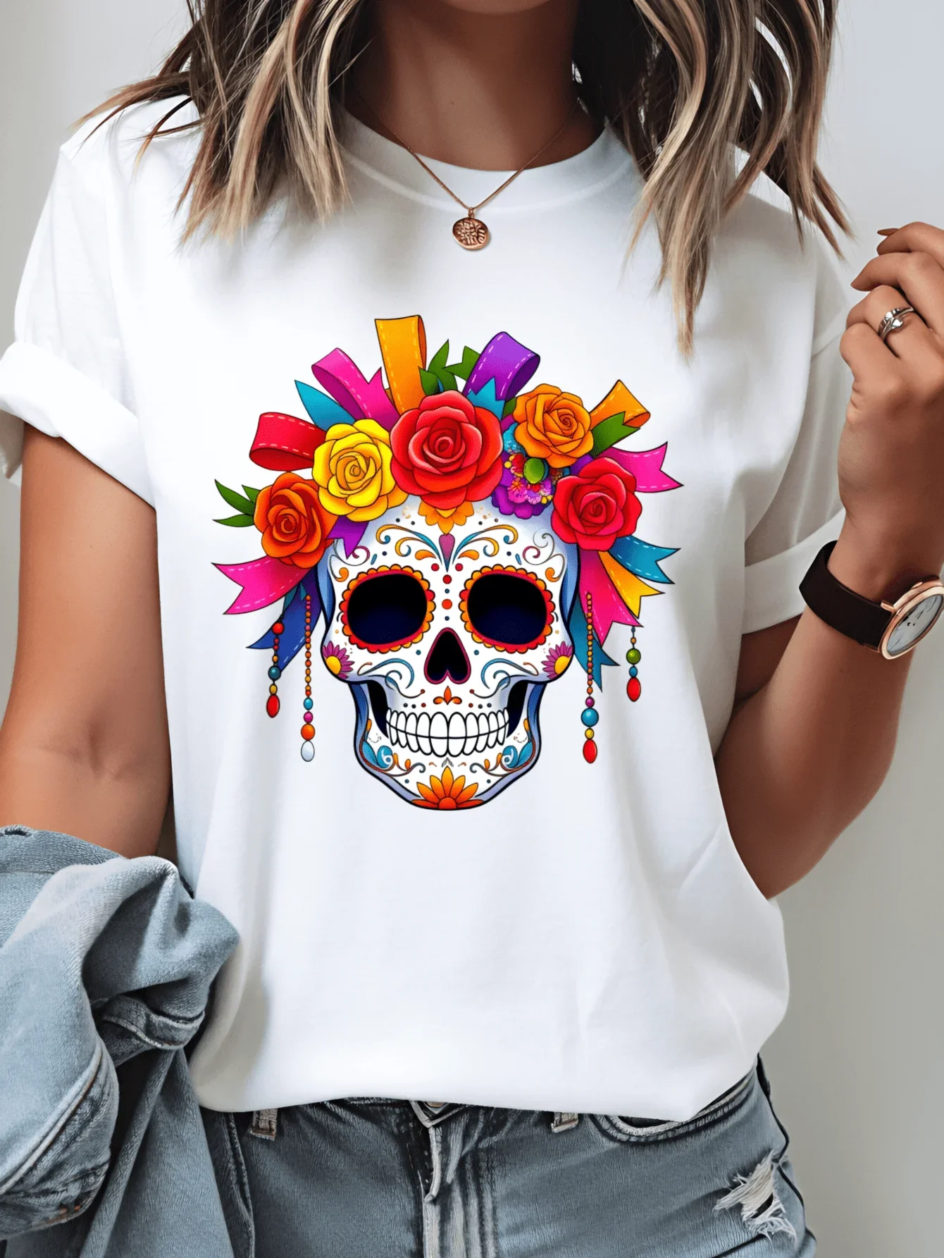Women's Colorful Sugar Skull with Flowers Graphic Print Tee Crewneck Short Sleeve Casual Vibrant Design Women Simple Stylish Tee