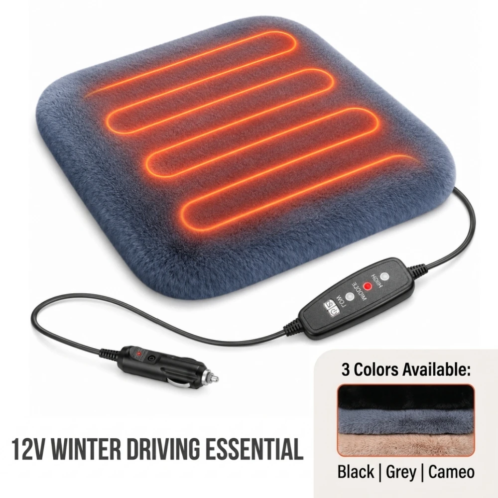 12V Smart Heated Car Seat Cushion Faux Rabbit Fur Winter Warmer Pad 3 Temp Settings Constant Heat 46x46cm Universal Fit