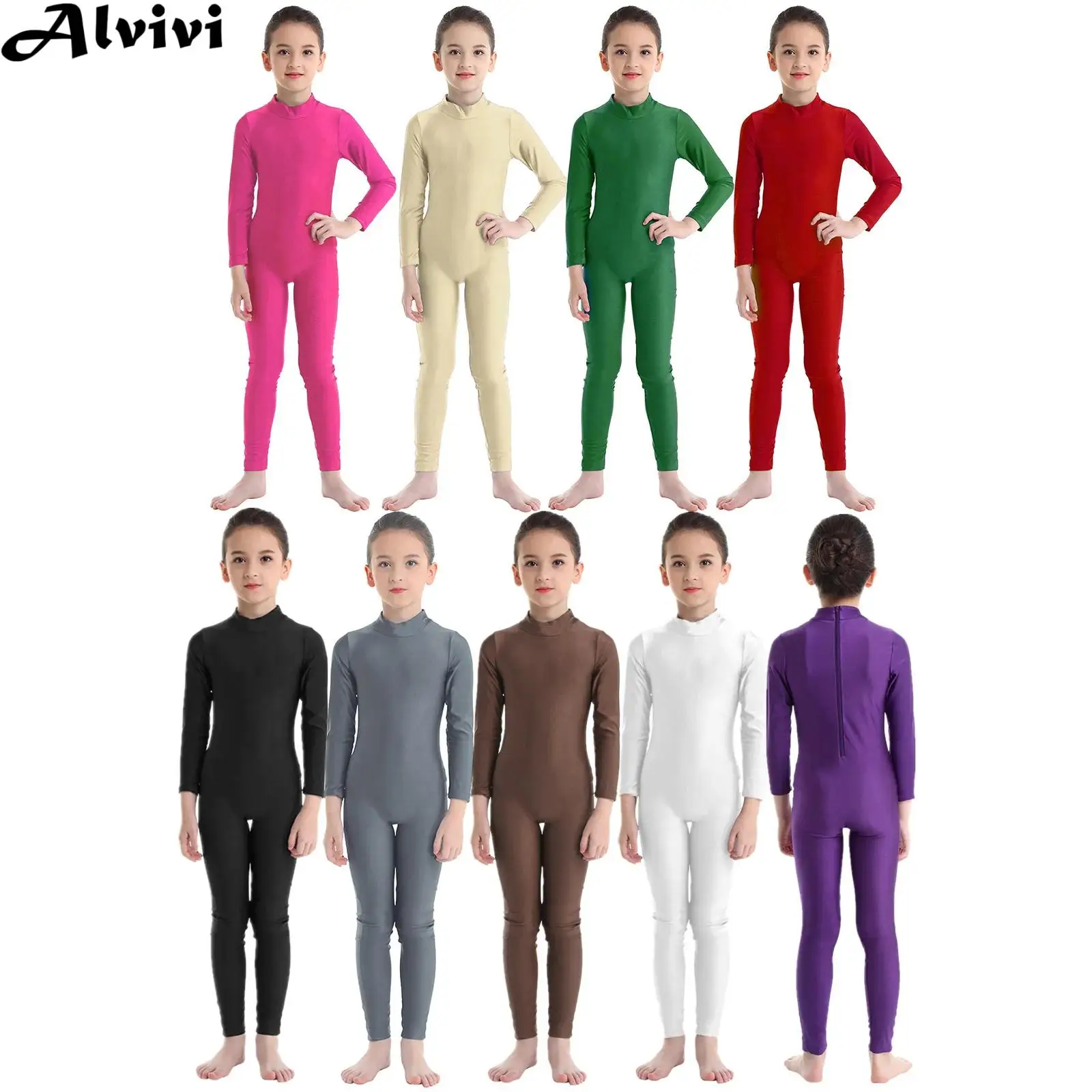 Kids Girls Long Sleeve Ballet Dance Leotard Solid Color Zipper Gymnastics Jumpsuit Dancing Class Yoga Skating Bodysuit Dancewear