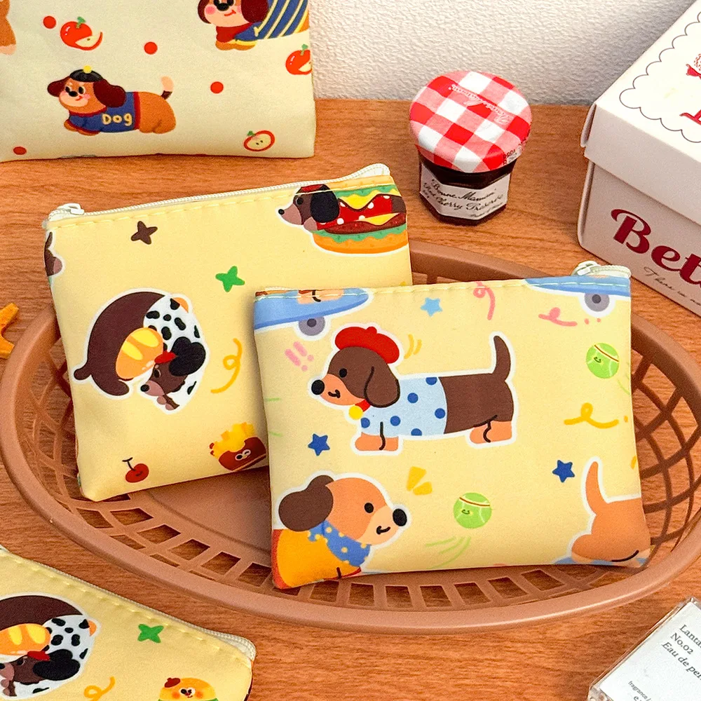2pcs Random Styles Cute Dachshund Print Zipper Coin Purse Cartoon Mini Storage Bag Pouch for Cards Coins Daily Portable Wallet