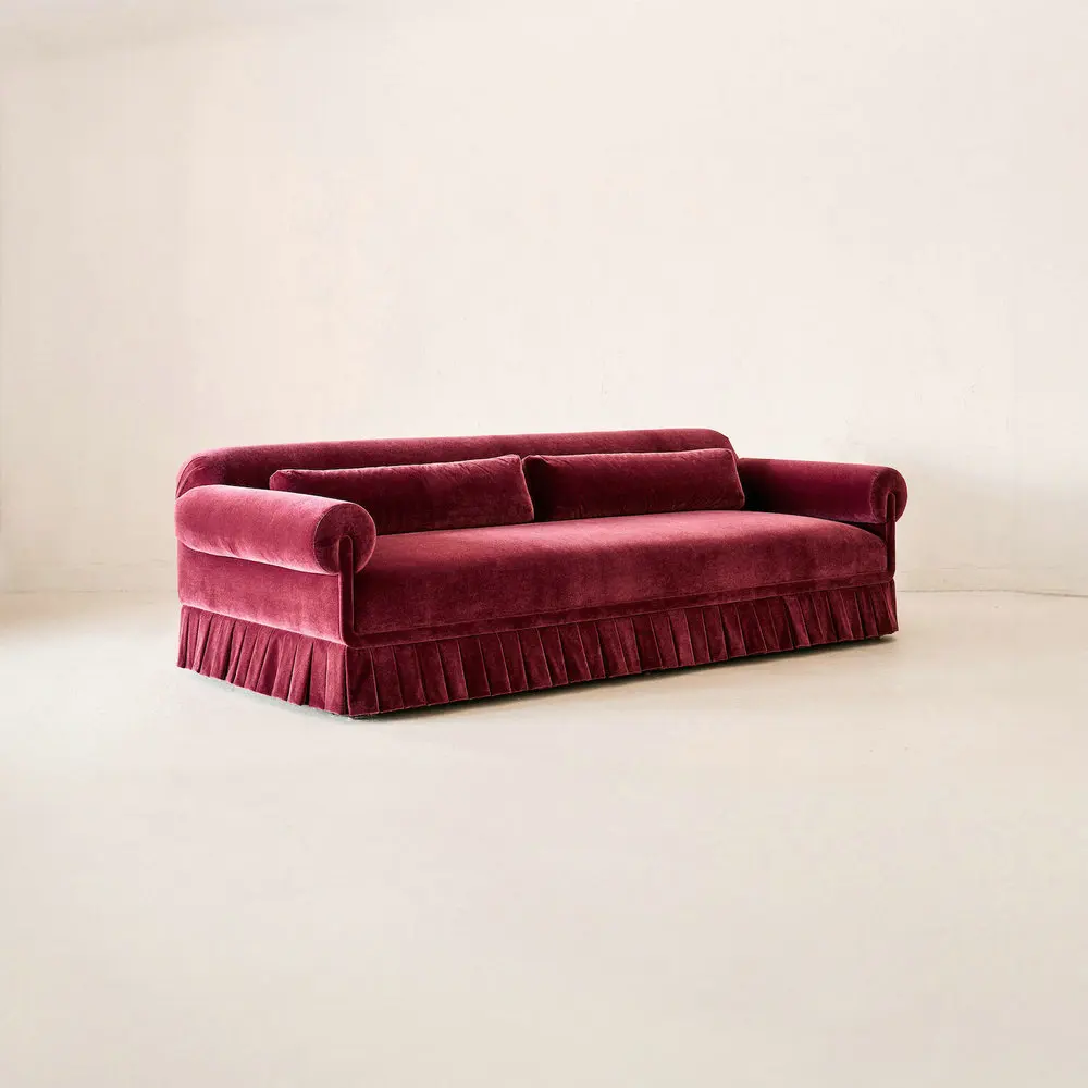 #Customize Purple Velvet Upholstery Pleated Skirt Sofa with Tassels Hotel Daybed Couch LivingRoom Sectional Fringes Wedding Sofa
