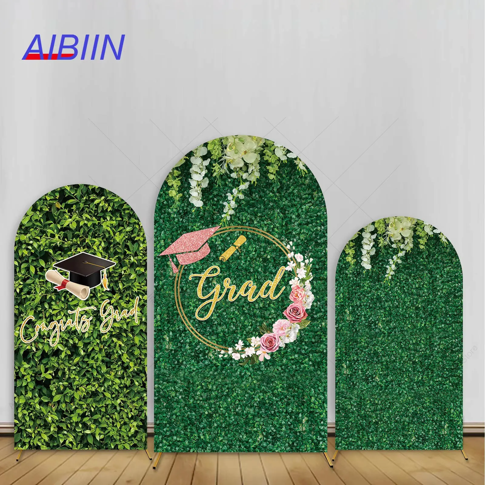 

Congrats Grad Arch Backdrop Cover Green Grass Leaf White Floral Wedding Birthday Party Decor Graduation Elastic Background