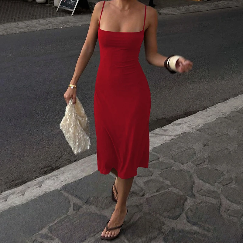 Hugcitar Damen-Kleid, elegant, einfarbig, sexy Midikleid, ärmellos, rückenfrei, Sommerkleidung, Geburtstagsfeier, Urlaub – Detail 36
