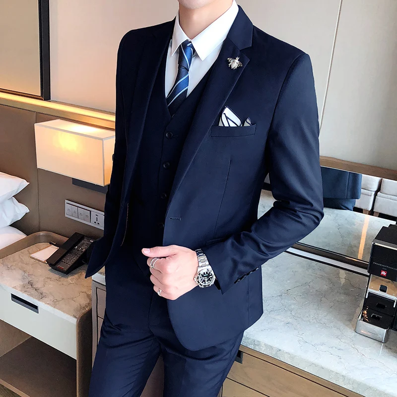 

High-end boutique (suit + vest + trousers) solid color fashion and handsome business British wedding dress men's three-piece set
