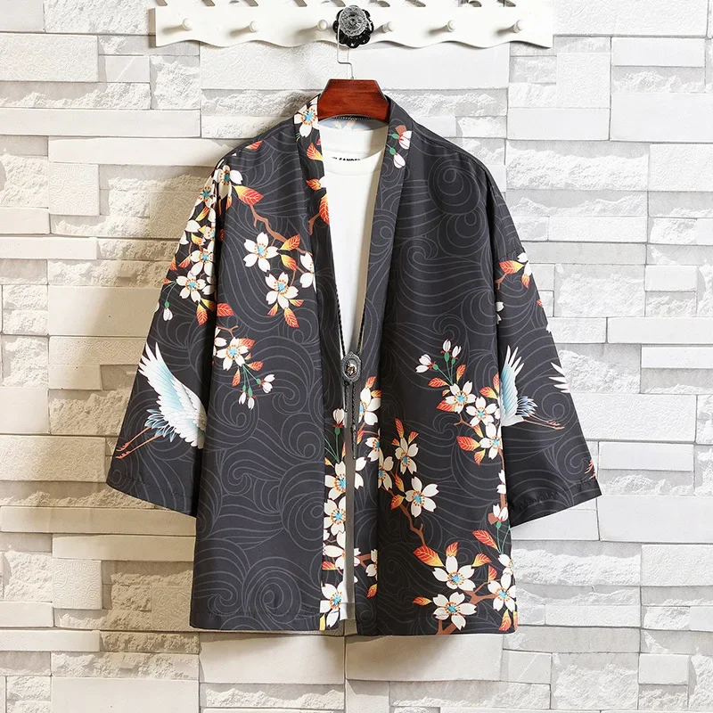 Традиционное японское кимоно с принтом журавля, кардиган, кимоно для пар, мужские юката, женские пляжные свободные рубашки в стиле Харадзюку, пальто размера плюс 5XL