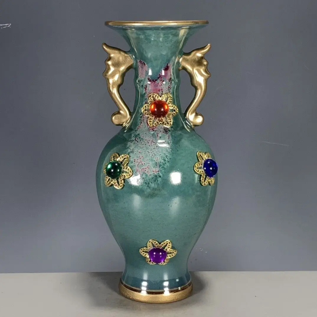 

Коллекция антикварного фарфора в китайском стиле, фарфор Джун, зеленая глазурь, печь, инкрустация золотом, украшения для вазы с драгоценными камнями