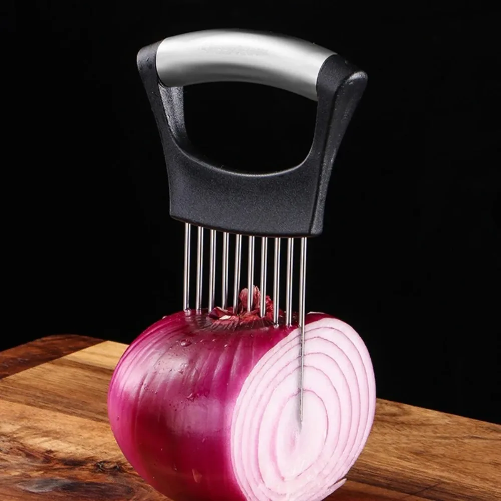 Stainless Steel Onion Cutter Holder Food Slicing Assistant Tomato and Onion Slicer Holder Vegetable Cutting Fork Kitchen Gadget