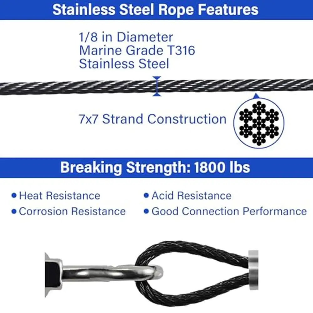 Kit ringhiera per cavi in acciaio inossidabile Cavo flessibile da 1/8" 1800 libbre Resistenza di rottura 350 libbre Resistenza di lavoro Balaustra marina