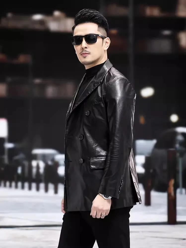 Autumn New Business Men Work Double Breasted Blazer Outerwear100% Real Goatskin Suit Coat Luxury Oil Wax Genuine Leather Jacket