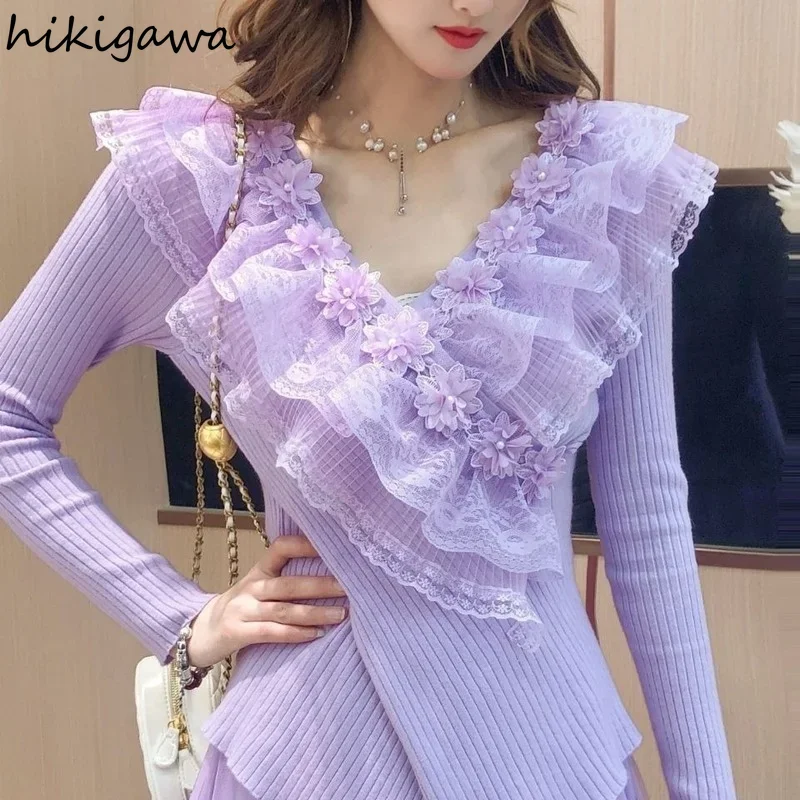 Fashion Sweaters Women Pullover Heavy Bead Lace Jumper Slim Sweater Sueter De Mujer V-neck Irregular Knit Pullovers Ruffles Tops